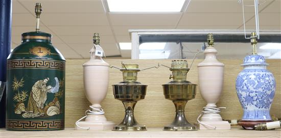 Six assorted table lamps and a wall light